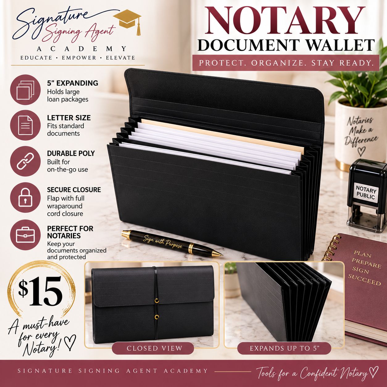 Black expanding notary document wallet